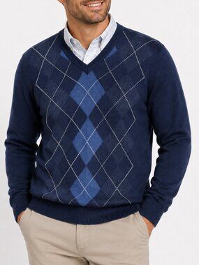 Barbour Mens Navy Blue Argyle V Neck Pullover Sweater Made in Scotland Old Money